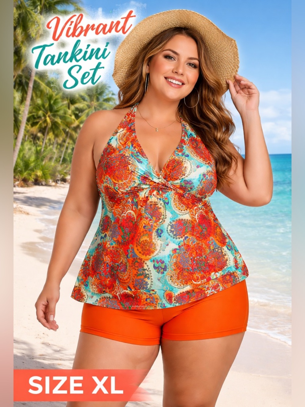 Vibrant Orange & Turquoise Tankini Set - XL